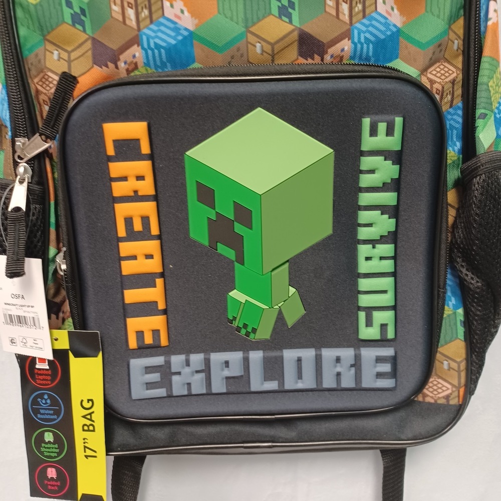 Minecraft Character Blocks And Light Up Creeper 17" Kids School Backpack - Picture 3 of 4